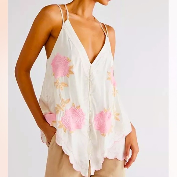 New Free People Zayda Embroidered XS S M Ivory Pink V-Neck Roses Silky Tank Top - Picture 10 of 13